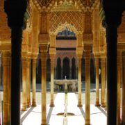 Columns of the palace of Alhambra in Granada, Spain with the view of the Court of Lions